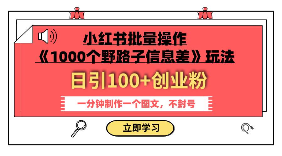 小红书批量操作《1000个野路子信息差》玩法 日引100+创业粉 一分钟一个图文_金轩项目库