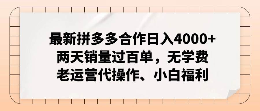 最新拼多多合作日入4000+两天销量过百单，无学费、老运营代操作、小白福利_金轩项目库
