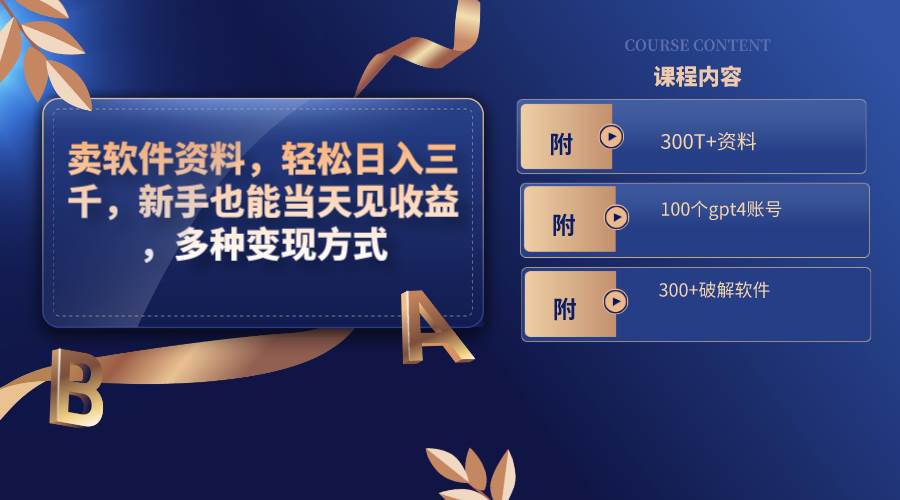 卖软件资料，轻松日入三千，新手也能当天见收益，多种变现方式，（附300T+资料，100个gpt4账号，300+破解软件）_金轩项目库