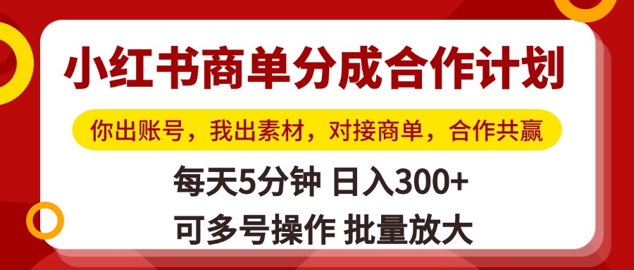 小红书商单分成合作计划，你出账号，我出素材，对接商单，合作共赢，单号日入300+，可批量放大_金轩项目库