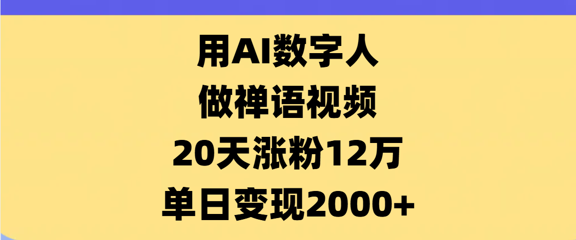 AI数字人，禅语视频，20天涨粉12万，单日变现2000+_金轩项目库