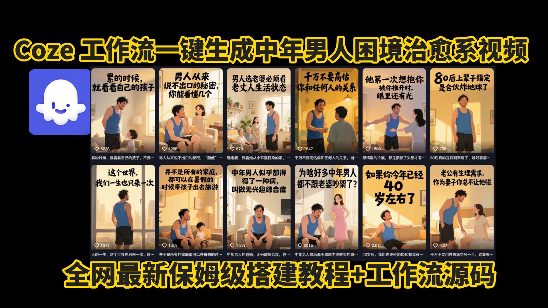 coze工作流一键生成，中年男人困境扎心高涨粉高播放量图文视频，保姆级拆解教程，无需剪辑，无需拍摄写文案智能体拆解教程_金轩项目库