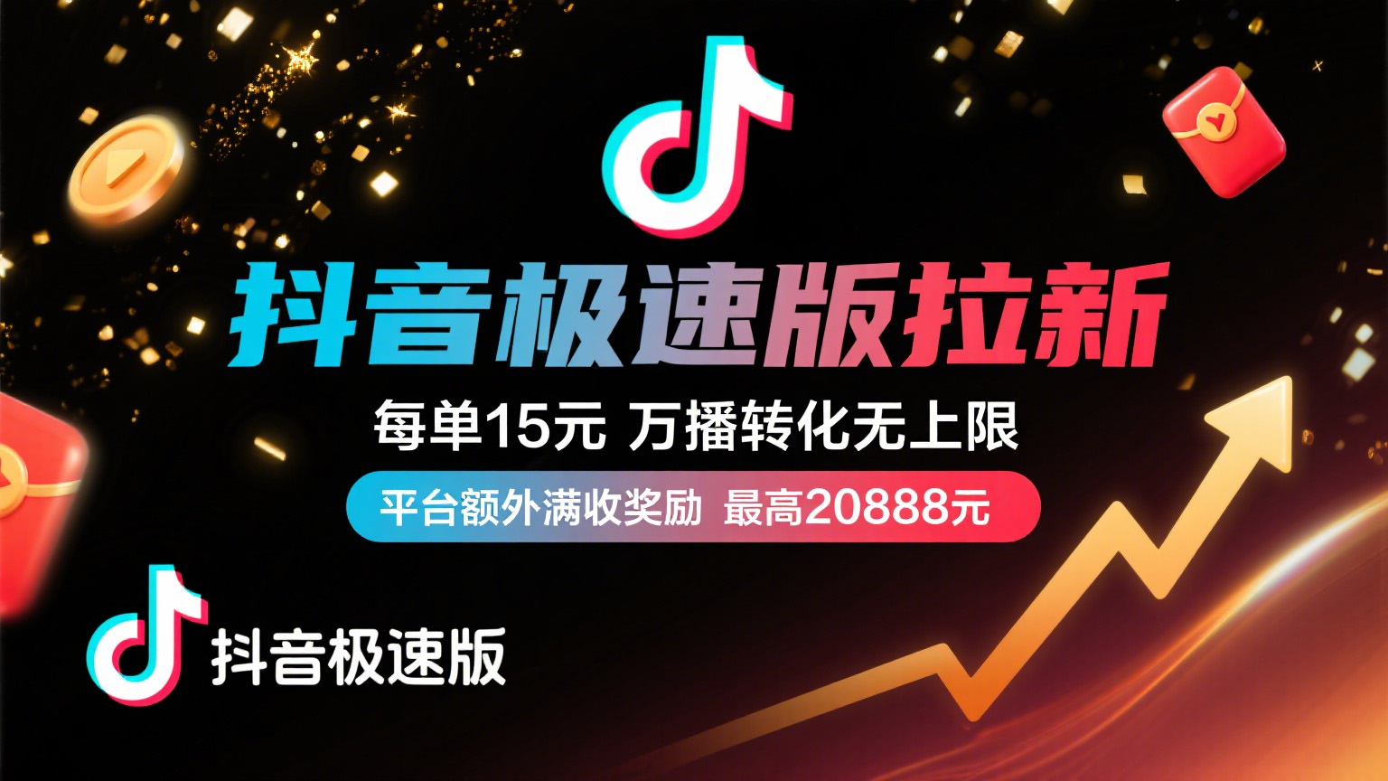 抖音极速版放福利，每单15元，万播转化无上限，平台额外满收奖励，最高可领20888元_金轩项目库