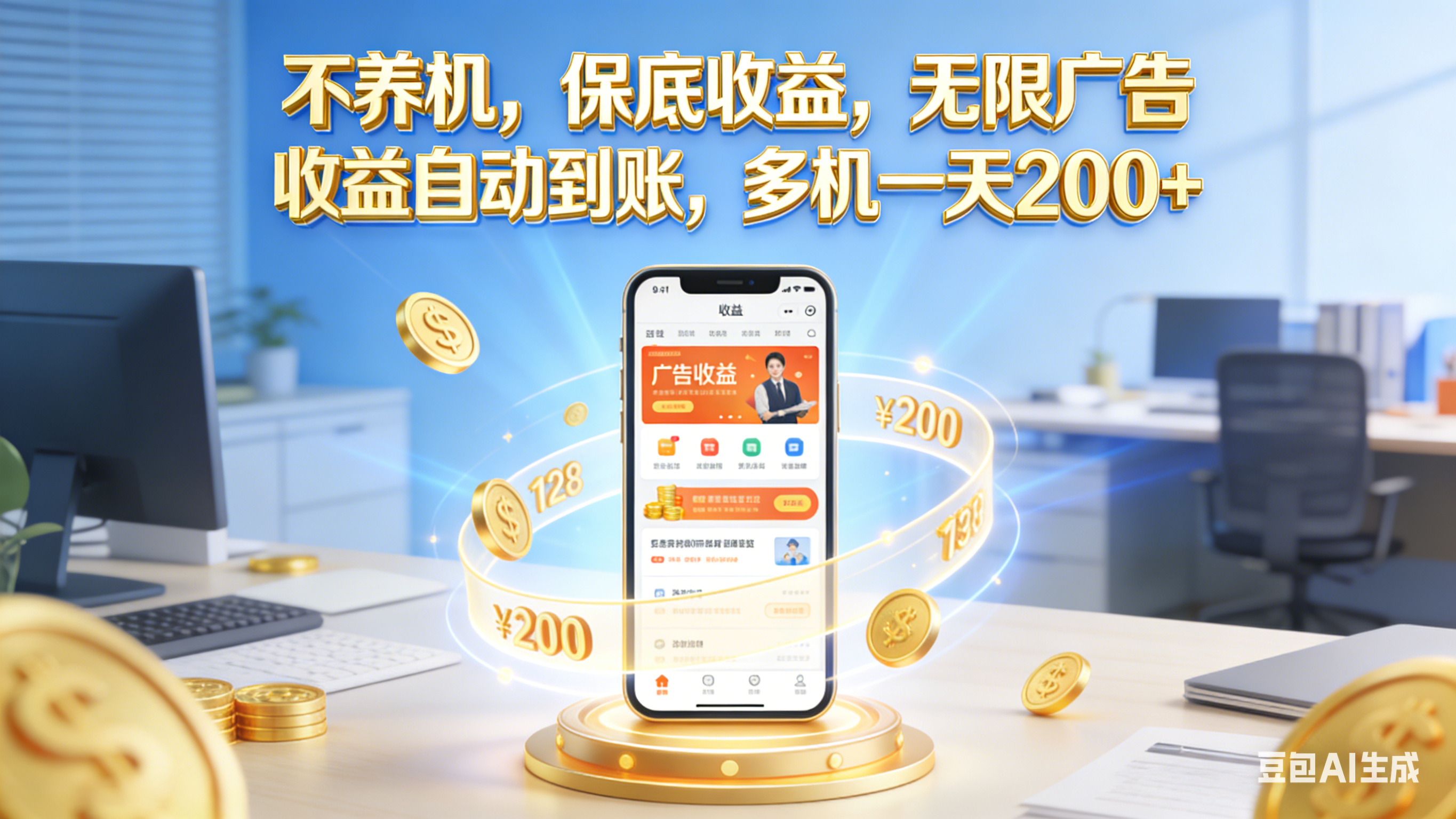 不养机，保底收益，无限广告，收益自动到账，多机一天200+_金轩项目库